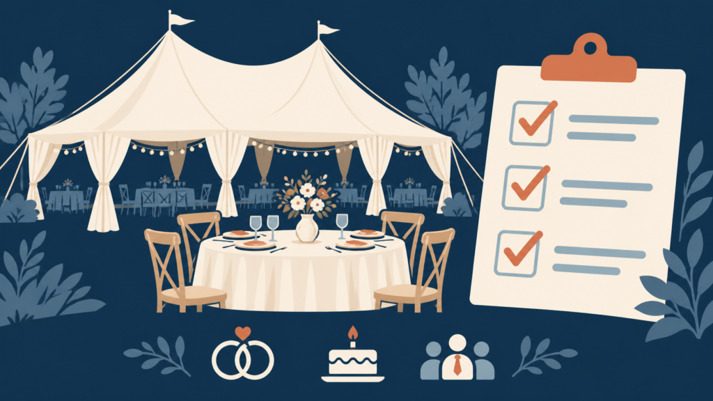 Symbolische Illustration einer Gartenfeier mit Sailclothzelt, gedecktem Tisch und Event-Checkliste
