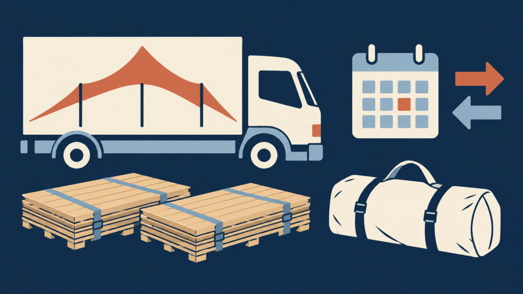 Symbolgrafik zur Zelt-Selbstabholung: Lkw mit Zeltsymbol, Bodenpaletten, Transporttasche und Mietkalender