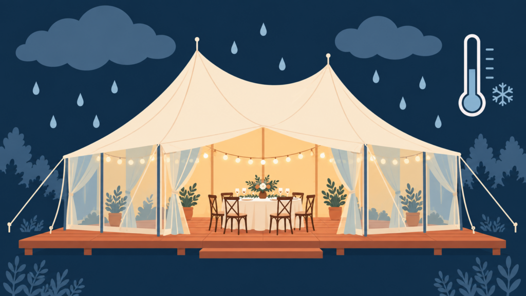 Symbolillustration zur Wetterplanung einer Zelthochzeit bei Regen und kühlen Temperaturen